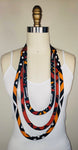 African Fabric Rope Necklace, Triple Strand - Mud cloth (Brown, Orange, Black)