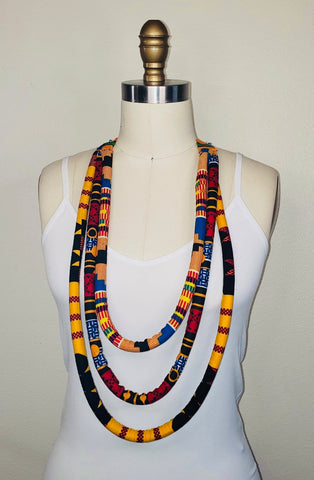 African Fabric Rope Necklace, Triple Strand - Kente