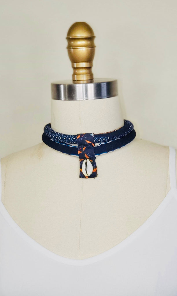 African Fabric Rope Choker Necklace Blue - Main Image