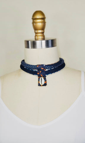 African Fabric Rope Choker Necklace - Blue