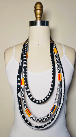 African Fabric Rope Necklace, Triple Strand - Black, White Yellow